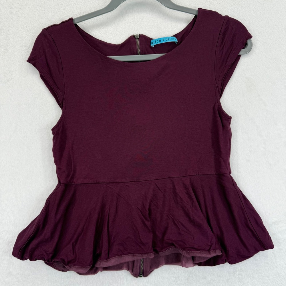Alice + Olivia Top Womens Sz S Peplum Short Sleeve Maroon Rayon Silk‎ Blend READ